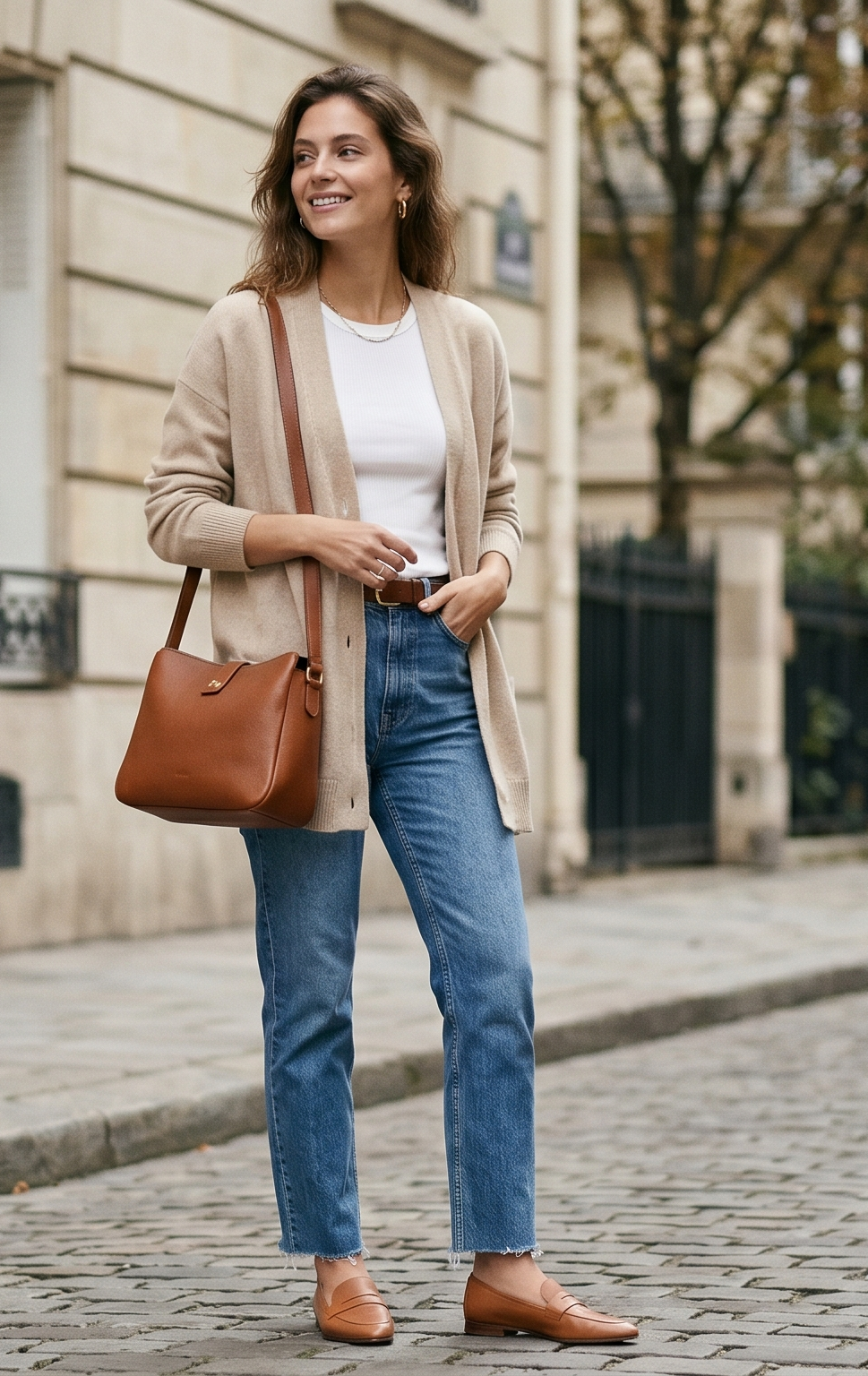 Casual Outfit mit Jeans, weißem Shirt und brauner Tasche